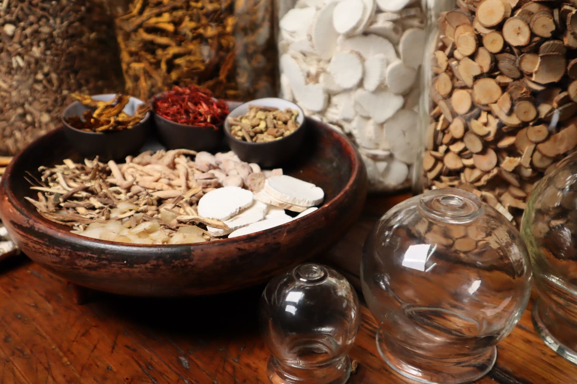 Herbal ingredients and jars used in traditional Chinese medicine