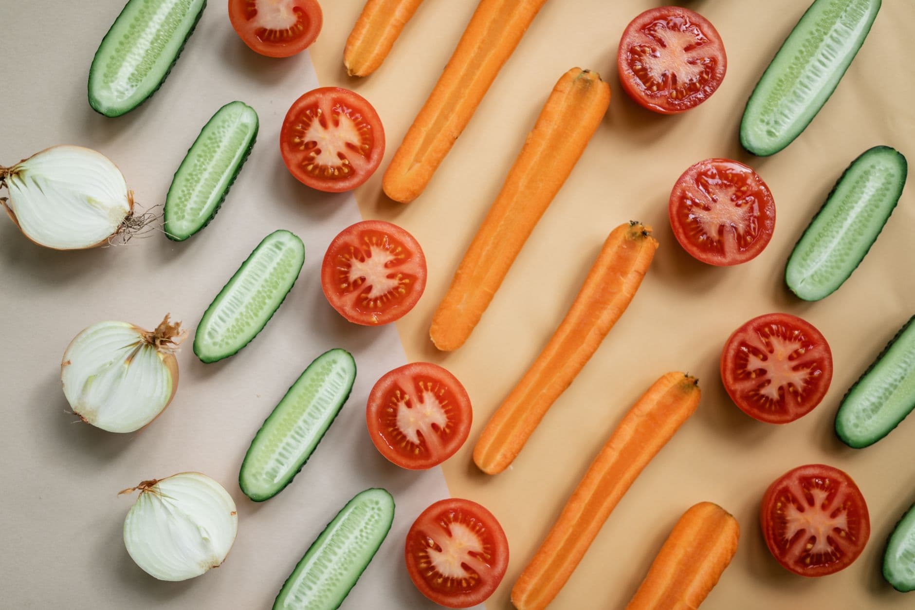 Fresh sliced vegetables in a flat lay
